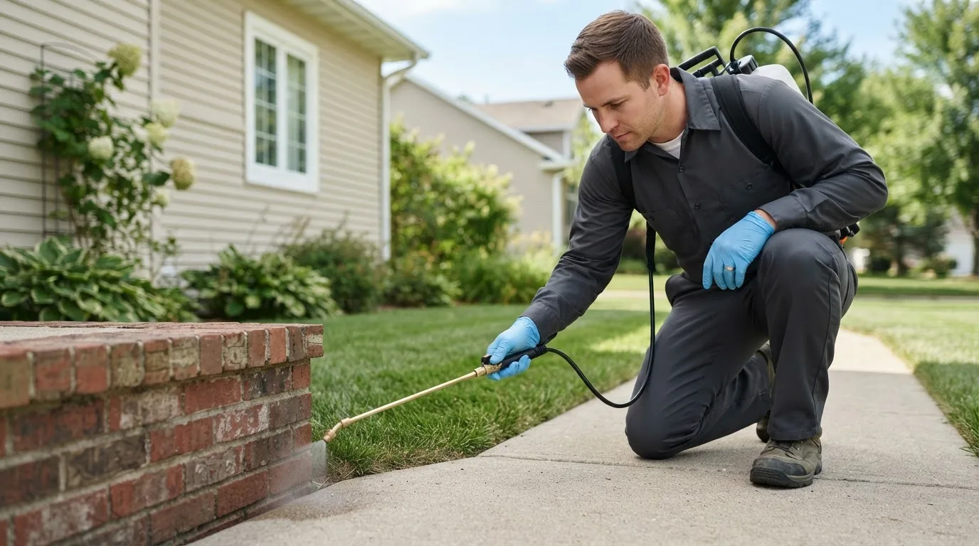 Pest control technician treating a home near Fayetteville, NY