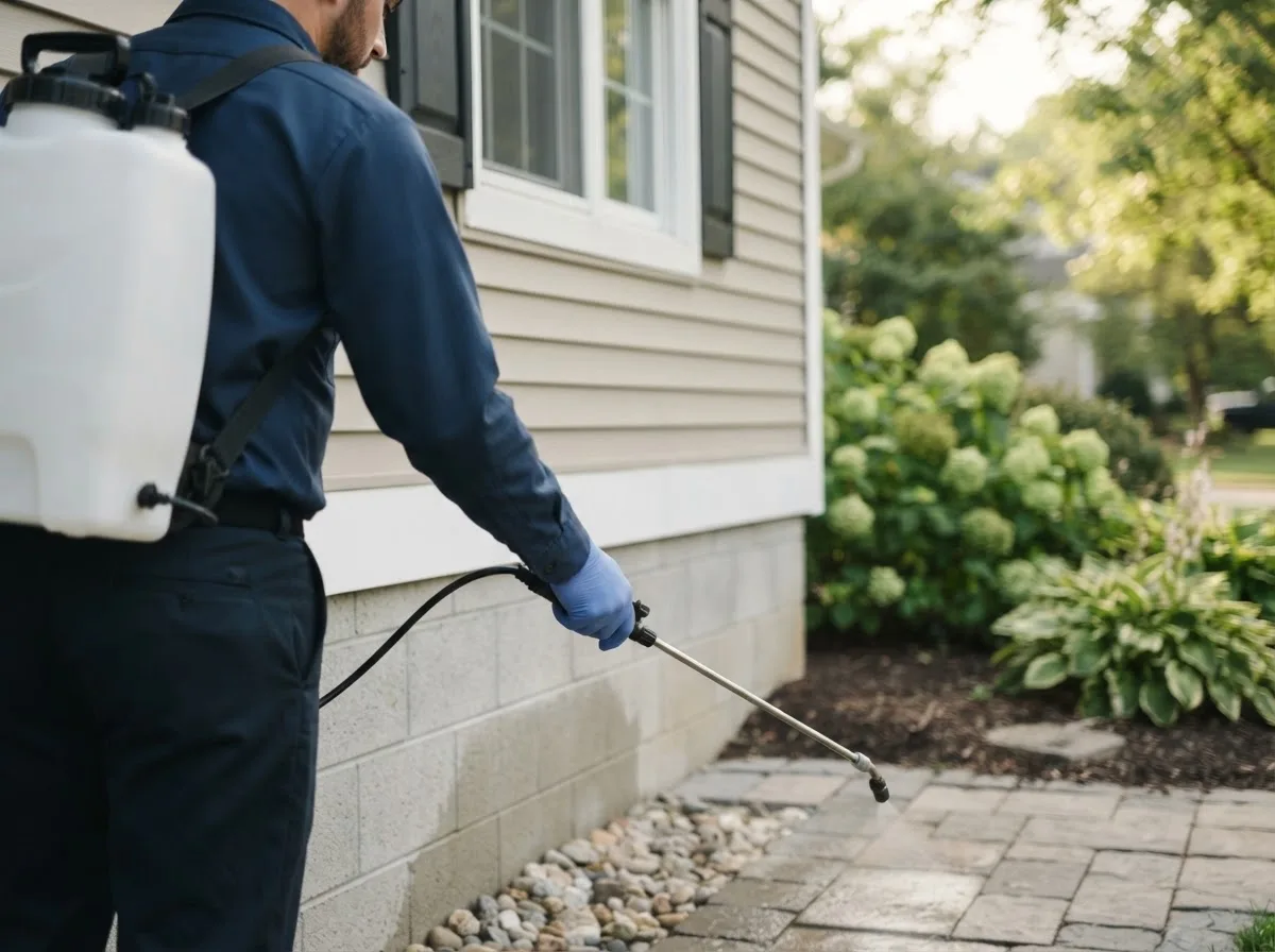 Pest control technician inspecting a home in Fayetteville, NY